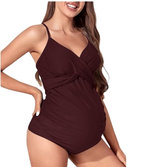Solid Wine Color Retro Maternity 2pc Tankini Swimsuit Large NWT Spaghetti Straps - Picture 3 of 11